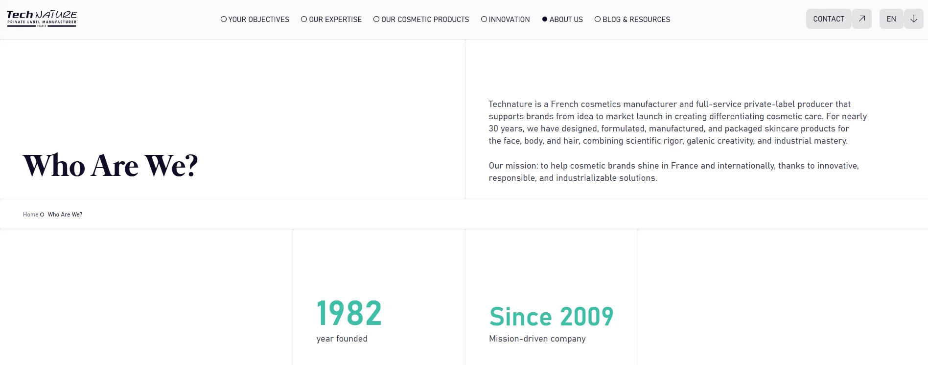 Screenshot of TechNature's 'Who Are We?' webpage detailing their mission, values, and history since 1982 as a private label cosmetics manufacturer.